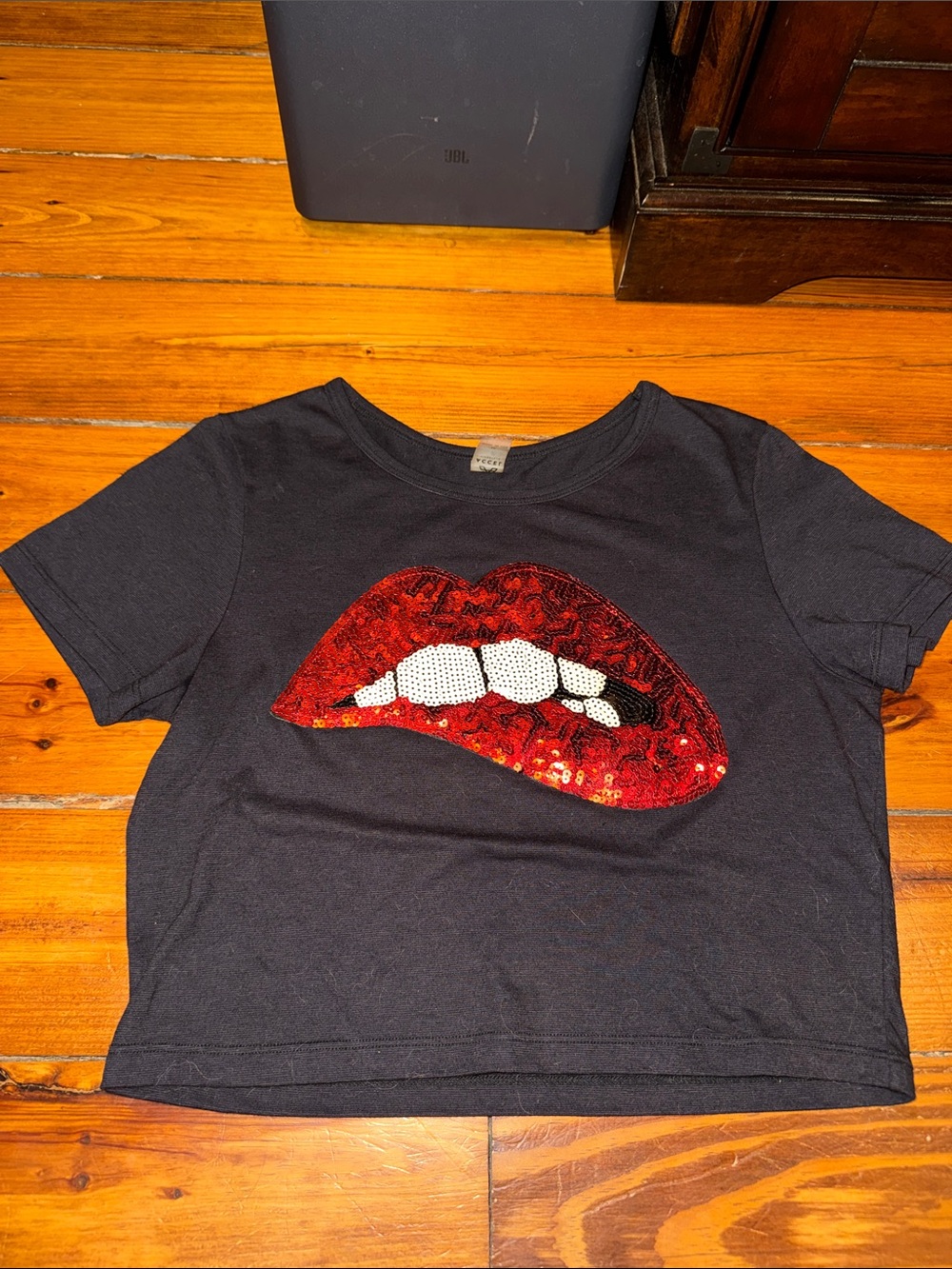 Accel Black Graphic Tee with Red Sequin Lips